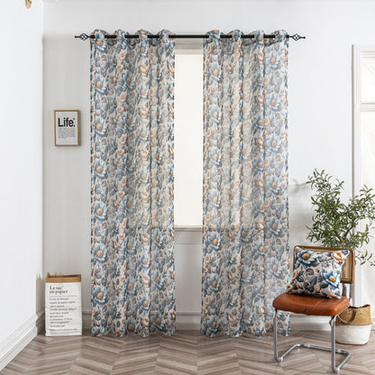 Cortina de Linho com Estampa Floral Azul 140*260cm-Individual - BOD HOME