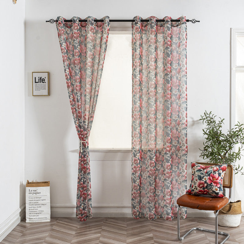 Cortina de Linho com Estampa Floral Vermelho 140*260cm-Individual - BOD HOME