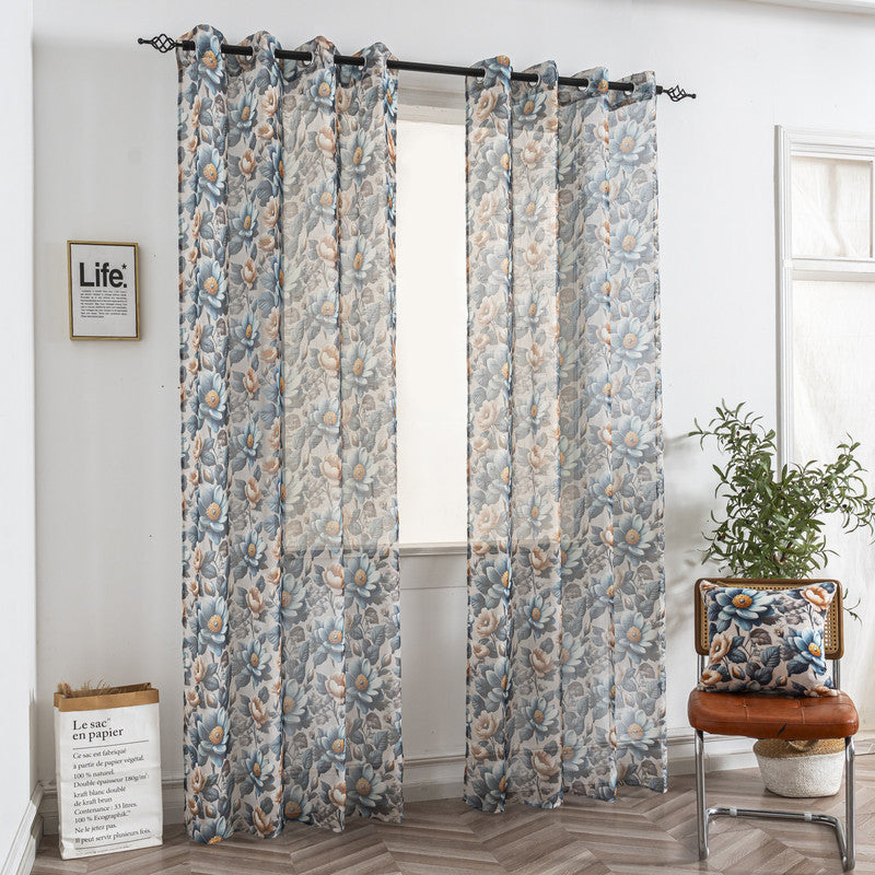 Cortina de Linho com Estampa Floral Azul 140*260cm-Individual - BOD HOME