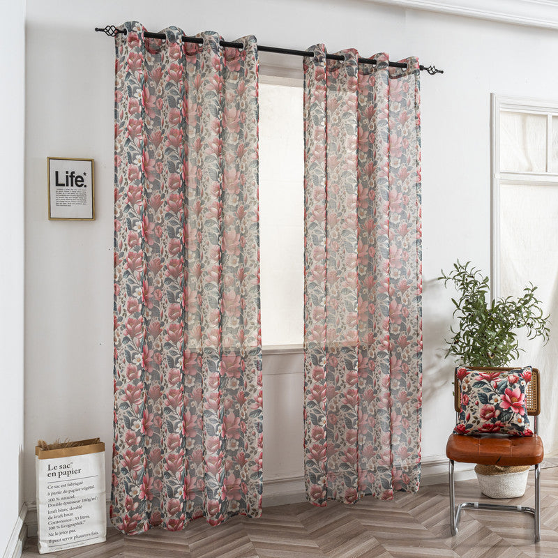 Cortina de Linho com Estampa Floral Vermelho 140*260cm-Individual - BOD HOME