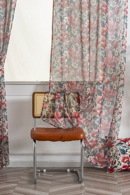 Cortina de Linho com Estampa Floral Vermelho 140*260cm-Individual - BOD HOME