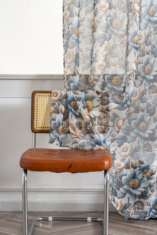 Cortina de Linho com Estampa Floral Azul 140*260cm-Individual - BOD HOME