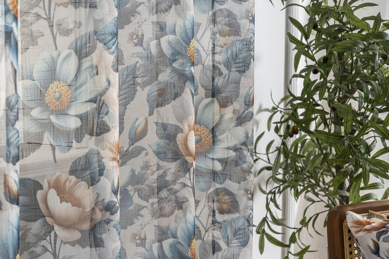 Cortina de Linho com Estampa Floral Azul 140*260cm-Individual - BOD HOME