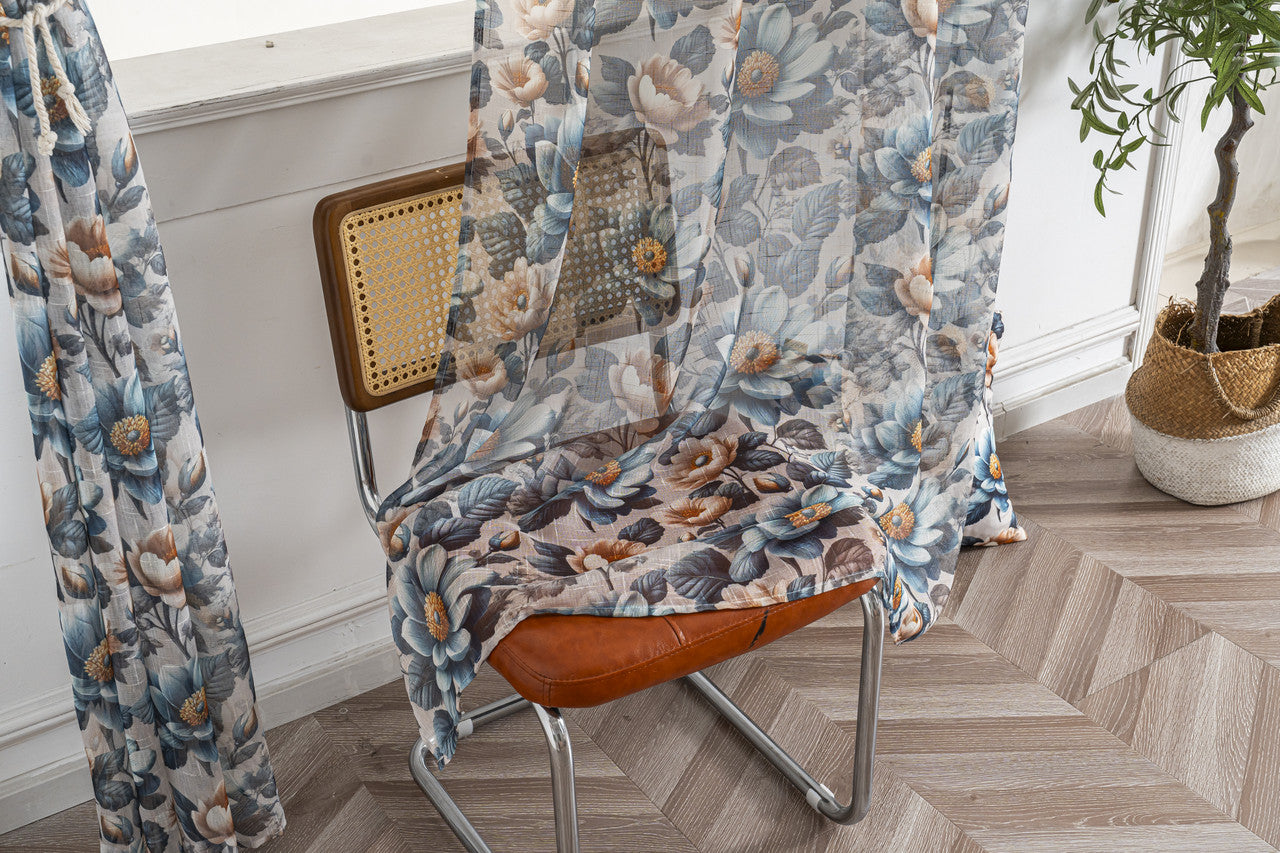 Cortina de Linho com Estampa Floral Azul 140*260cm-Individual - BOD HOME