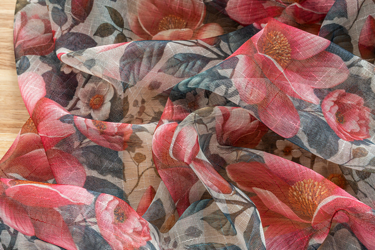 Cortina de Linho com Estampa Floral Vermelho 140*260cm-Individual - BOD HOME