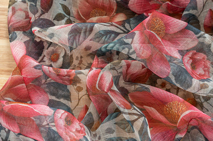 Cortina de Linho com Estampa Floral Vermelho 140*260cm-Individual - BOD HOME