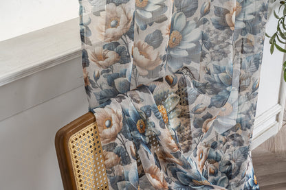 Cortina de Linho com Estampa Floral Azul 140*260cm-Individual - BOD HOME