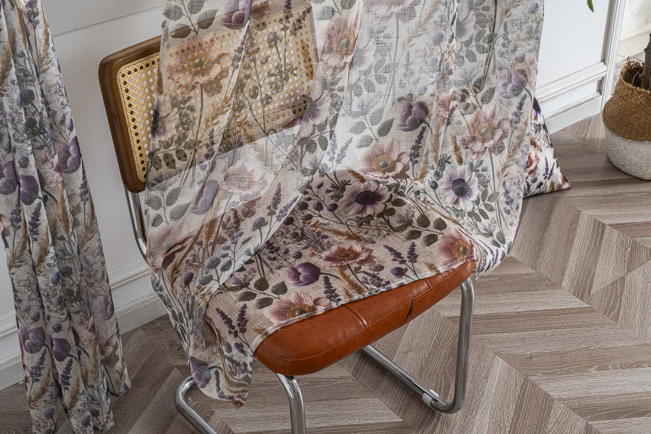 Cortina de Linho com Estampa Floral Roxo 140*260cm-Individual - BOD HOME