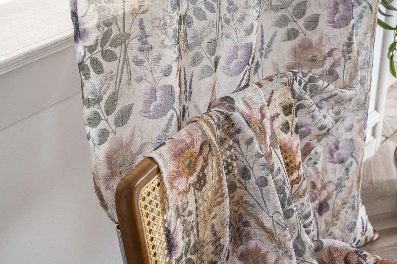 Cortina de Linho com Estampa Floral Roxo 140*260cm-Individual - BOD HOME