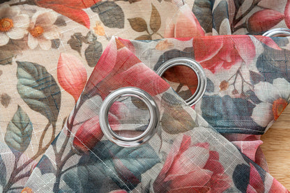 Cortina de Linho com Estampa Floral Vermelho 140*260cm-Individual - BOD HOME