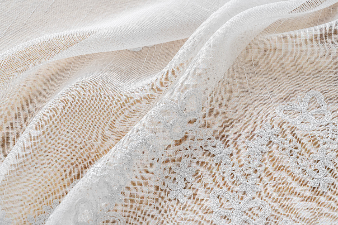 Cortina Tule Bordada com Borboletas Brancas-um par - BOD HOME