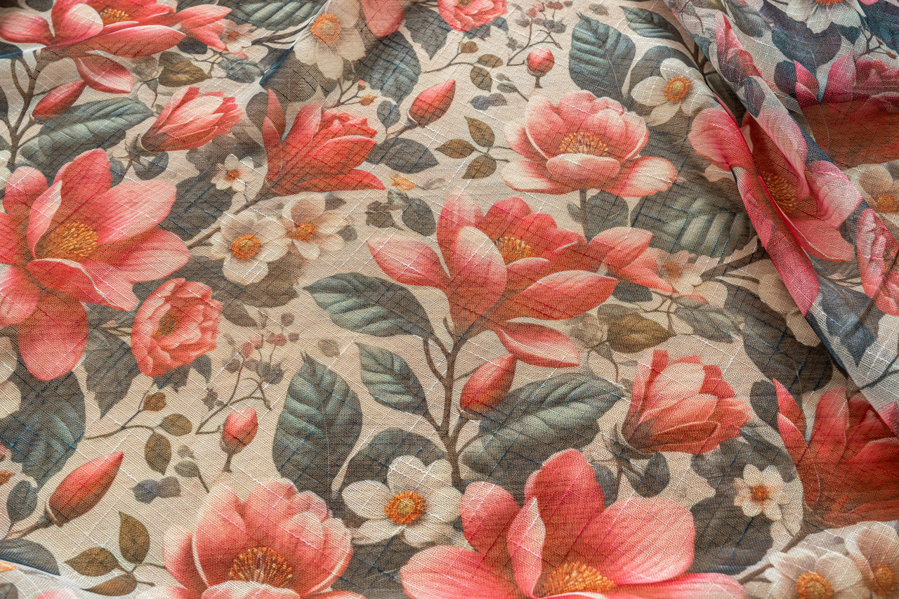 Cortina de Linho com Estampa Floral Vermelho 140*260cm-Individual - BOD HOME