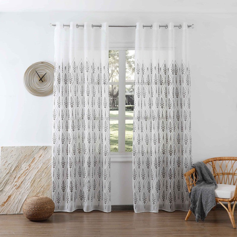 Cortina Bordada com Folhas Elegantes Castanho 140*260CM-Individual- BOD HOME