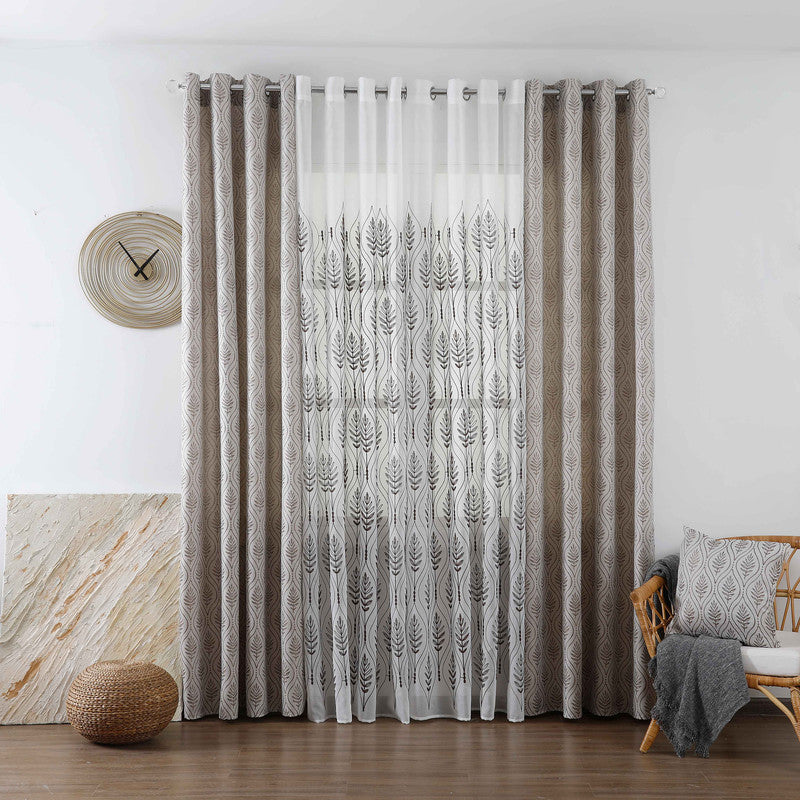 Cortina Jacquard com Bordado de Folhas Elegantes Castanho 140*260CM-Individual- BOD HOME
