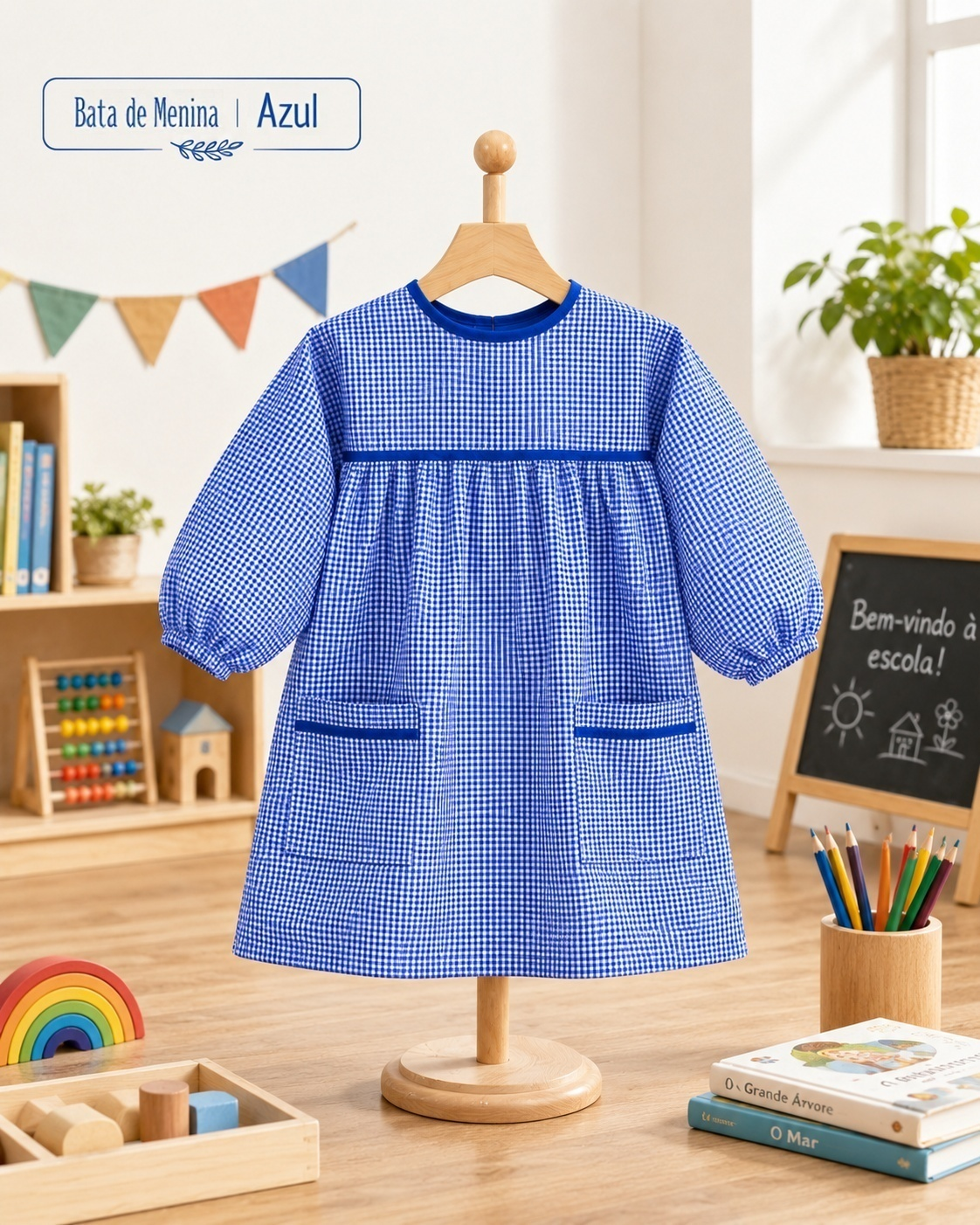Bibe escolar menina xadrez azul - Jardim de infância