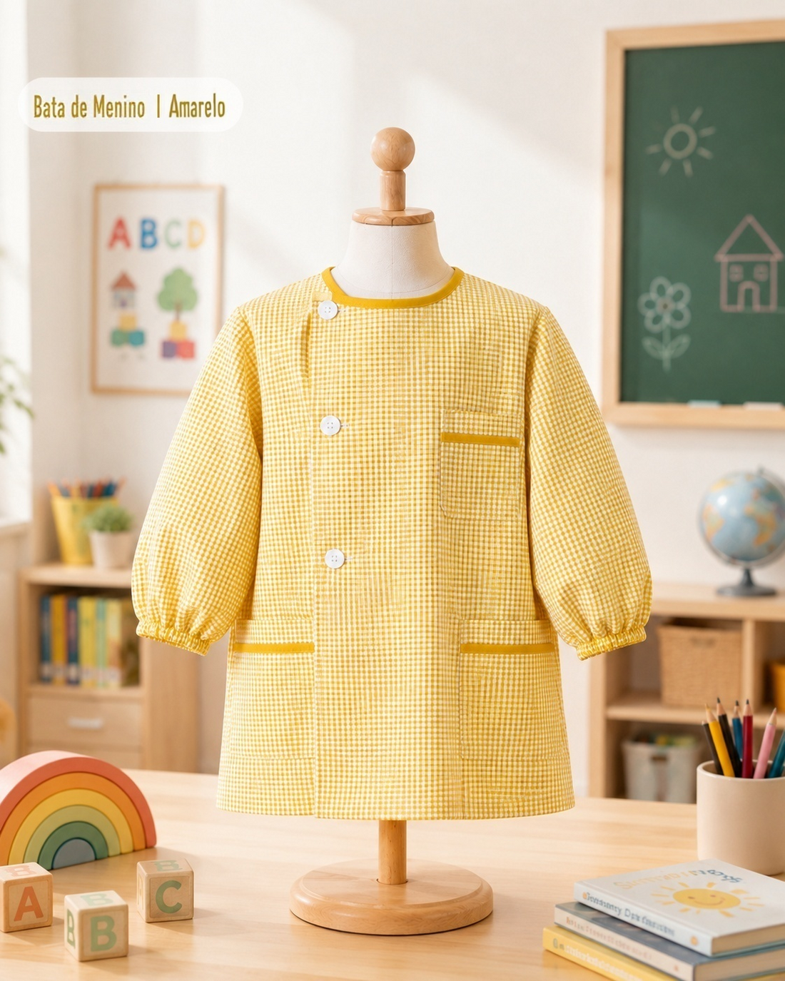 Bibe escolar menino xadrez amarelo - Jardim de infância