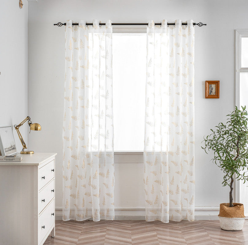 Cortina Estampada 3D Dourada Folhas Elegantes Branca 140x260CM-Individual - BOD HOME