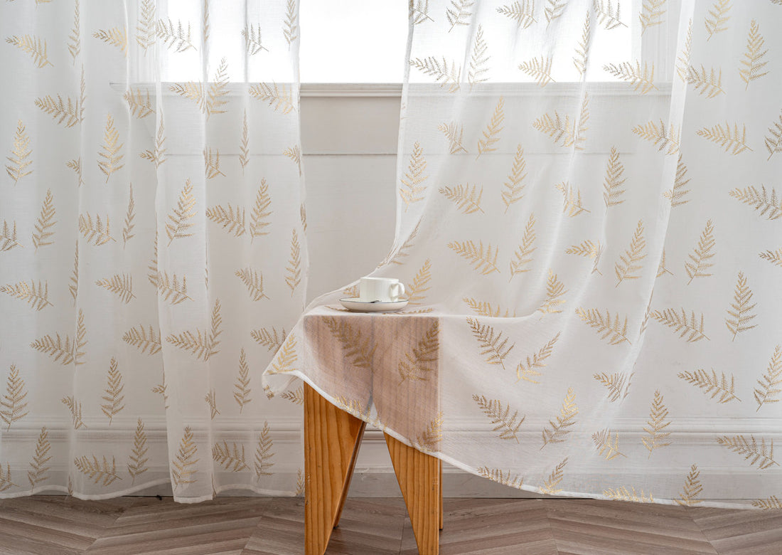 Cortina Estampada 3D Dourada Folhas Elegantes Branca 140x260CM-Individual - BOD HOME