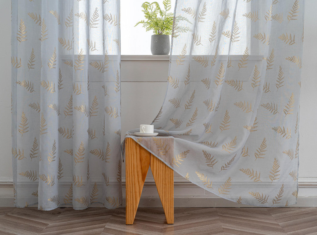 Cortina Estampada 3D Dourada Folhas Elegantes Azul 140x260CM-Individual - BOD HOME