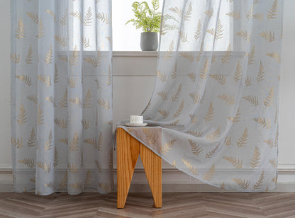 Cortina Estampada 3D Dourada Folhas Elegantes Azul 140x260CM-Individual - BOD HOME