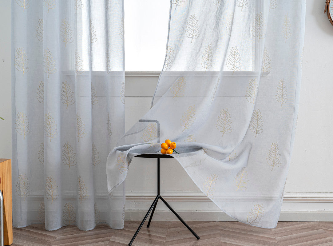 Cortina Estampada 3D Dourada Folhas Simples Azul 140x260CM-Individual - BOD HOME