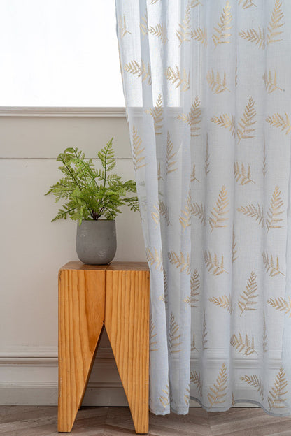 Cortina Estampada 3D Dourada Folhas Elegantes Azul 140x260CM-Individual - BOD HOME