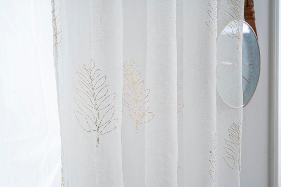 Cortina Estampada 3D Dourada Folhas Simples Branca 140x260CM-Individual - BOD HOME
