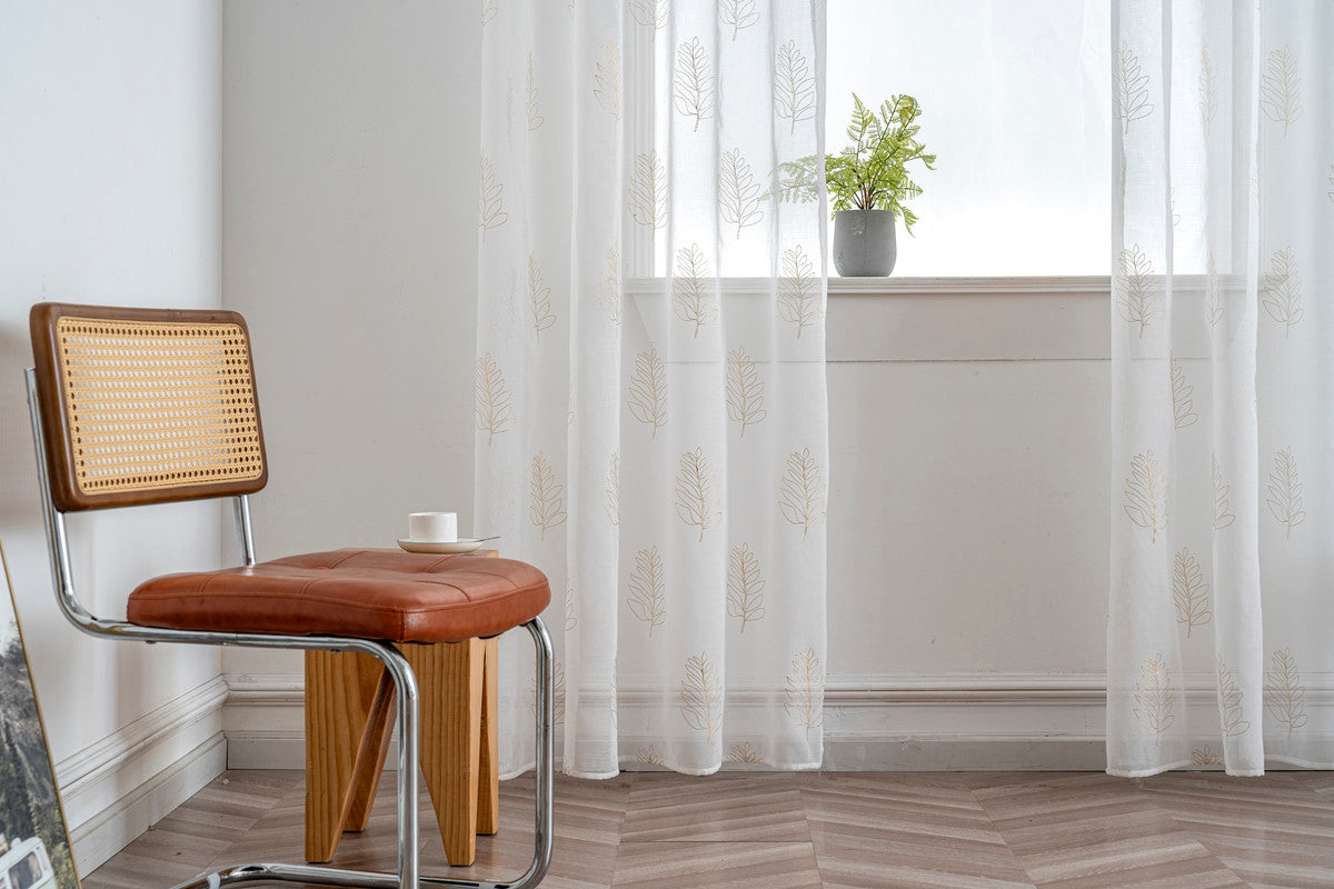 Cortina Estampada 3D Dourada Folhas Simples Branca 140x260CM-Individual - BOD HOME