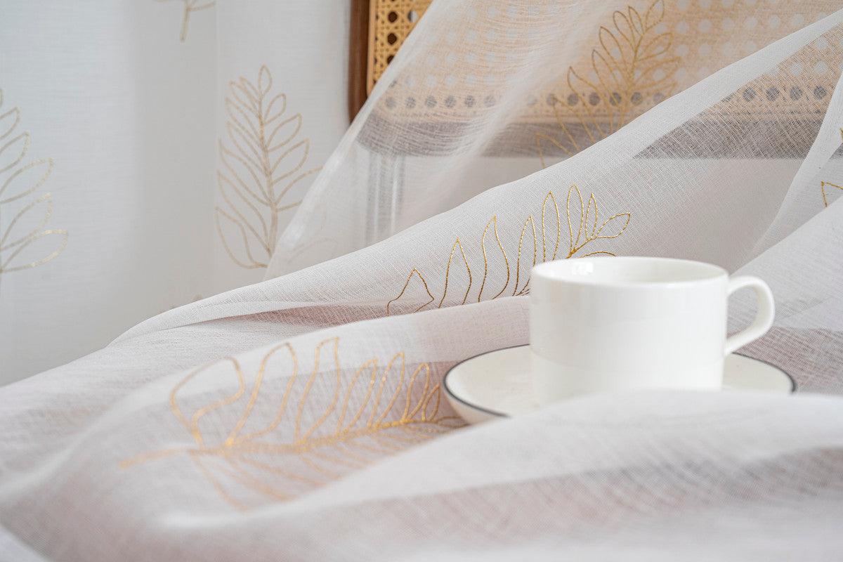 Cortina Estampada 3D Dourada Folhas Simples Branca 140x260CM-Individual - BOD HOME