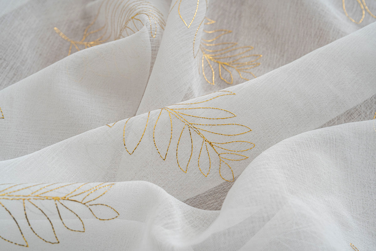 Cortina Estampada 3D Dourada Folhas Simples Branca 140x260CM-Individual - BOD HOME