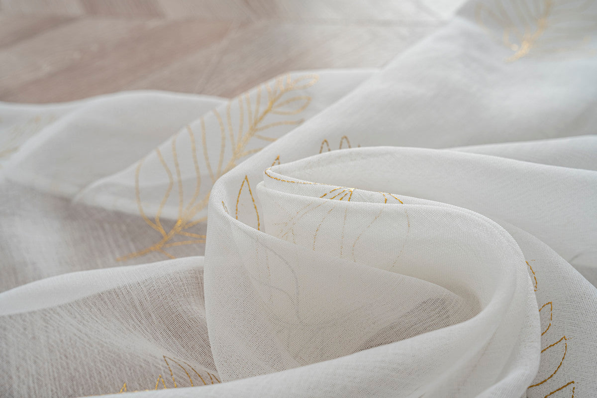 Cortina Estampada 3D Dourada Folhas Simples Branca 140x260CM-Individual - BOD HOME