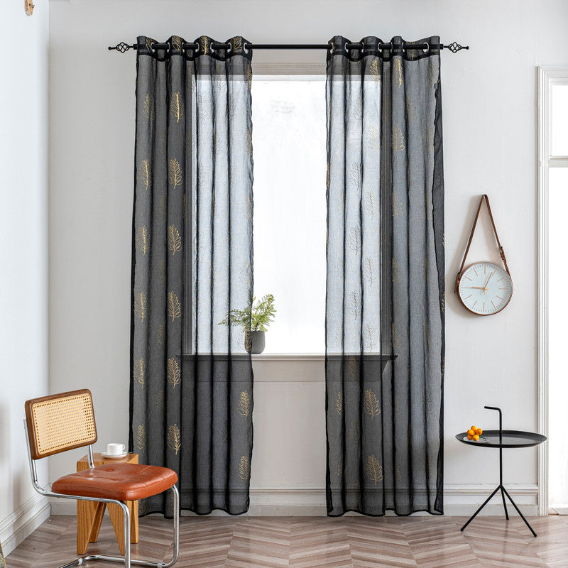 Cortina Estampada 3D Dourada Folhas Simples Preta 140x260CM-Individual - BOD HOME