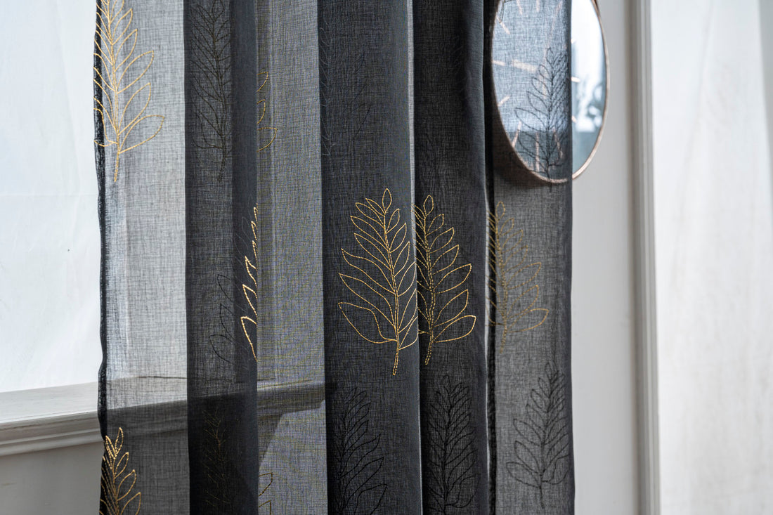 Cortina Estampada 3D Dourada Folhas Simples Preta 140x260CM-Individual - BOD HOME
