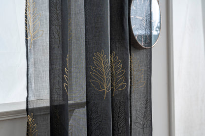 Cortina Estampada 3D Dourada Folhas Simples Preta 140x260CM-Individual - BOD HOME