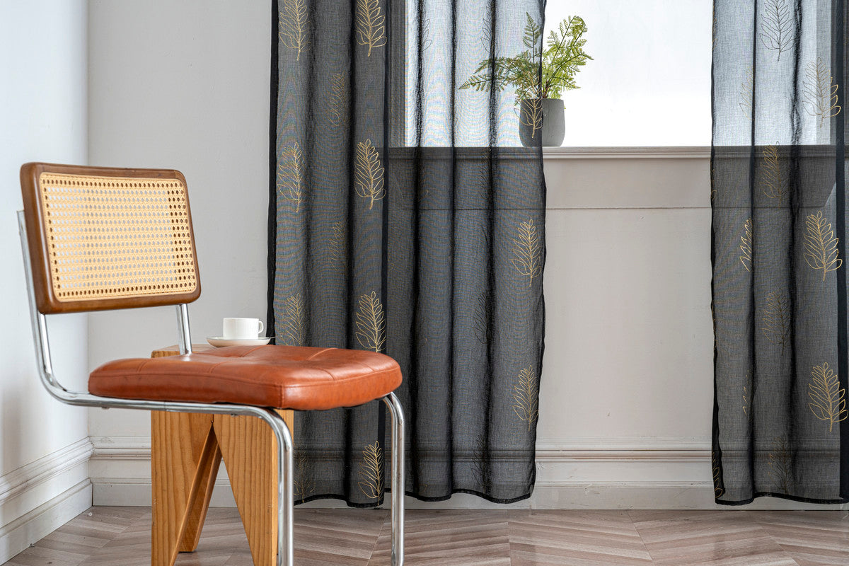 Cortina Estampada 3D Dourada Folhas Simples Preta 140x260CM-Individual - BOD HOME