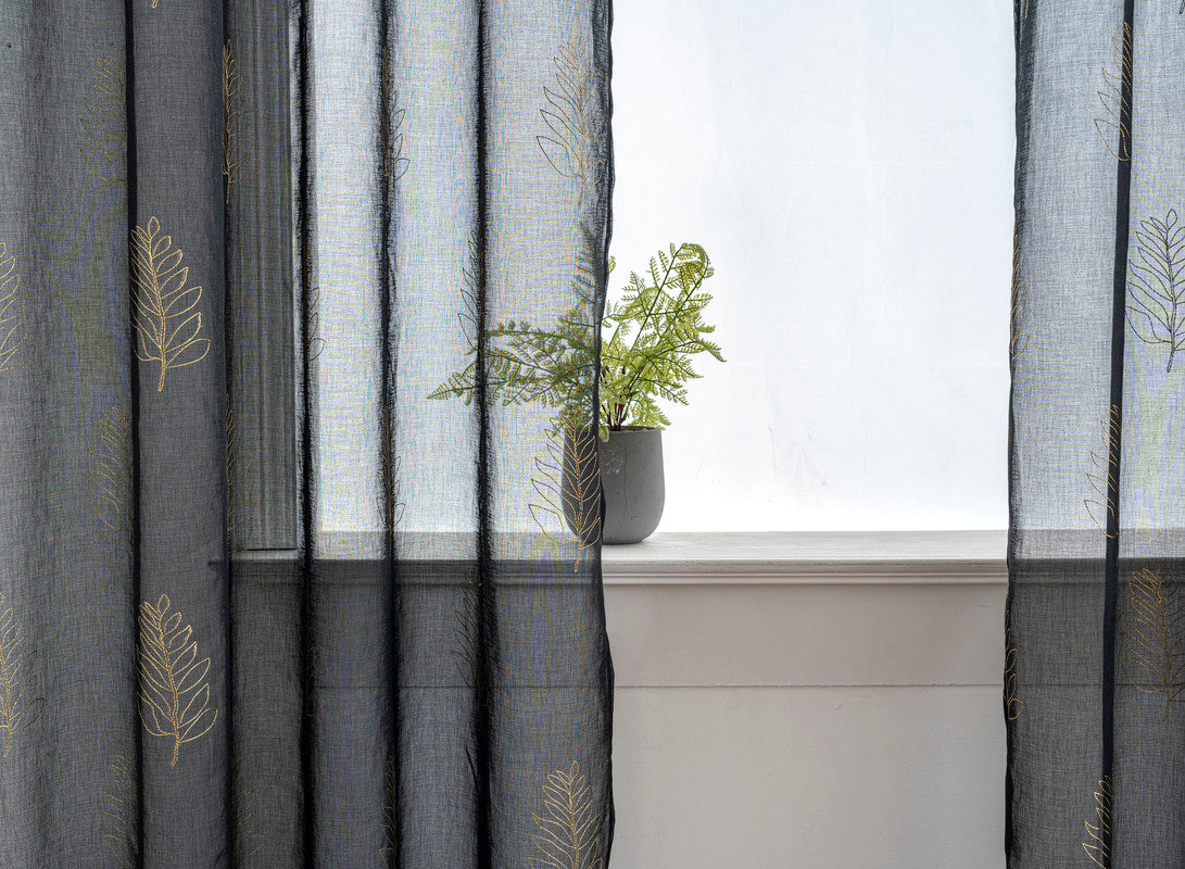 Cortina Estampada 3D Dourada Folhas Simples Preta 140x260CM-Individual - BOD HOME