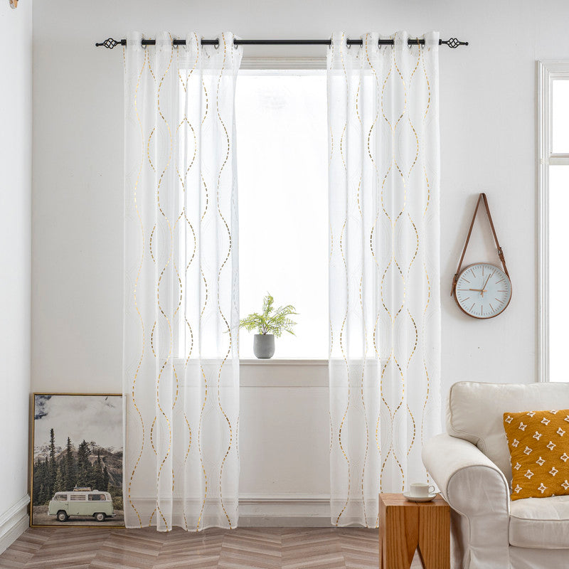 Cortina Estampada 3D Dourada-Linha Ondulada Branca 140x260CM-Individual - BOD HOME