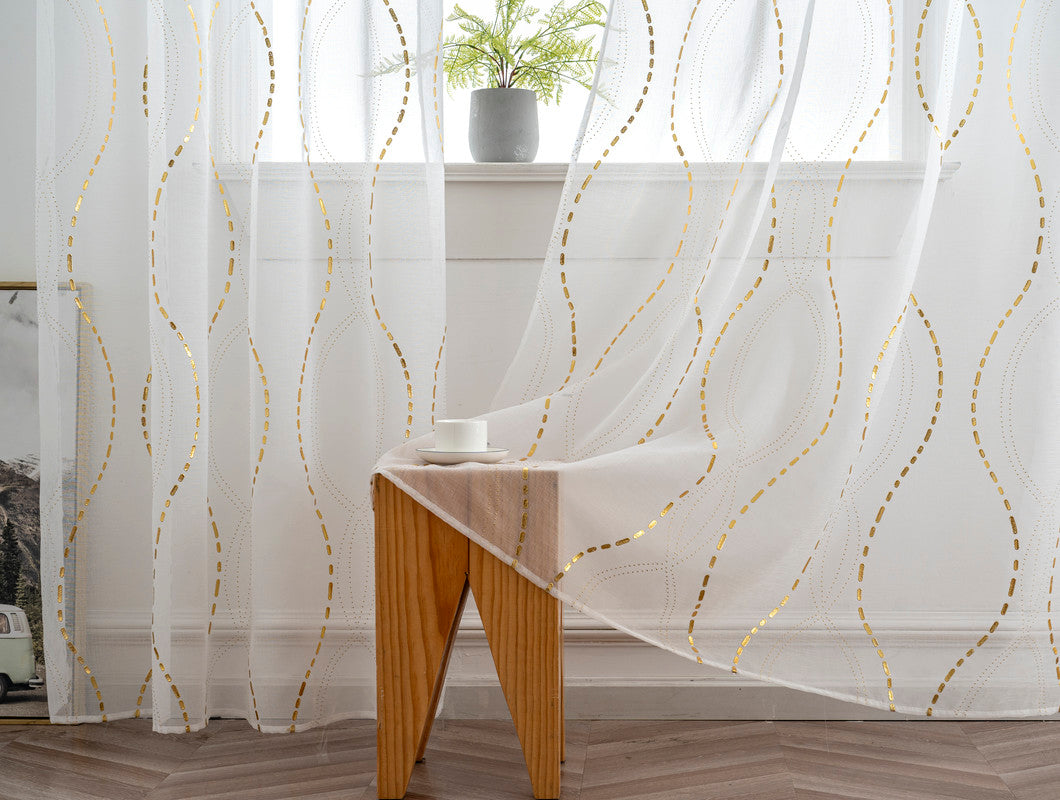 Cortina Estampada 3D Dourada-Linha Ondulada Branca 140x260CM-Individual - BOD HOME