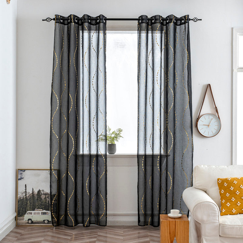 Cortina Estampada 3D Dourada-Linha Ondulada Preta 140x260CM-Individual - BOD HOME