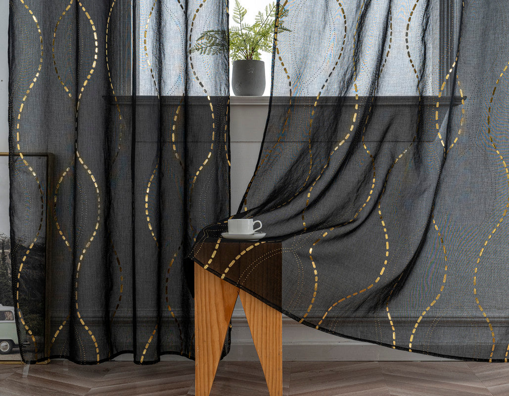 Cortina Estampada 3D Dourada-Linha Ondulada Preta 140x260CM-Individual - BOD HOME