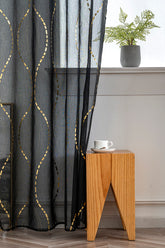 Cortina Estampada 3D Dourada-Linha Ondulada Preta 140x260CM-Individual - BOD HOME