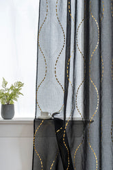 Cortina Estampada 3D Dourada-Linha Ondulada Preta 140x260CM-Individual - BOD HOME