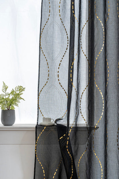 Cortina Estampada 3D Dourada-Linha Ondulada Preta 140x260CM-Individual - BOD HOME