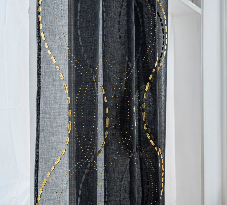 Cortina Estampada 3D Dourada-Linha Ondulada Preta 140x260CM-Individual - BOD HOME