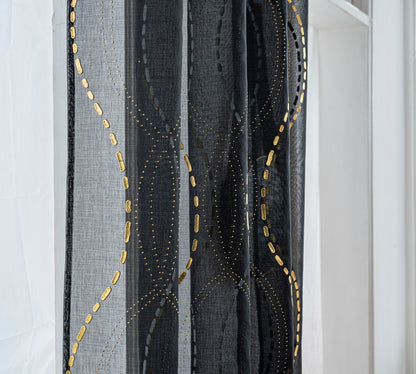 Cortina Estampada 3D Dourada-Linha Ondulada Preta 140x260CM-Individual - BOD HOME