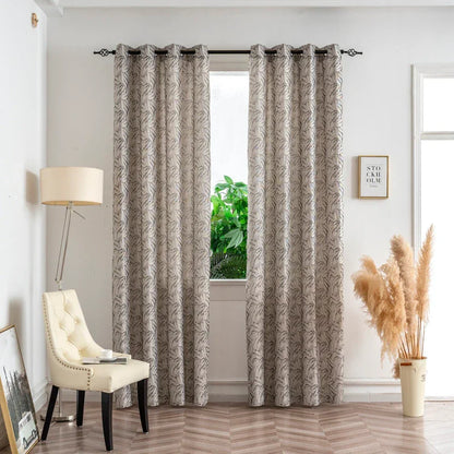 Cortina Jacquard Bege com Folhas em Linho Grosso 140x260cm-Individual - BOD HOME