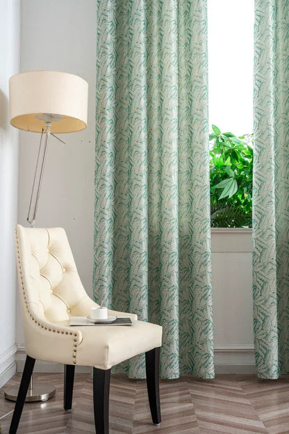 Cortina Jacquard Verde com Folhas em Linho Grosso 140x260cm-Individual - BOD HOME