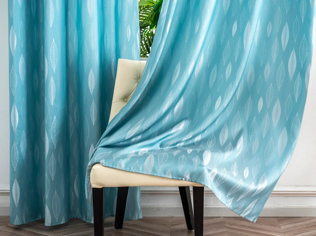 Cortina Jacquard com Folhagem Azul 140x260cm-Individual - BOD HOME