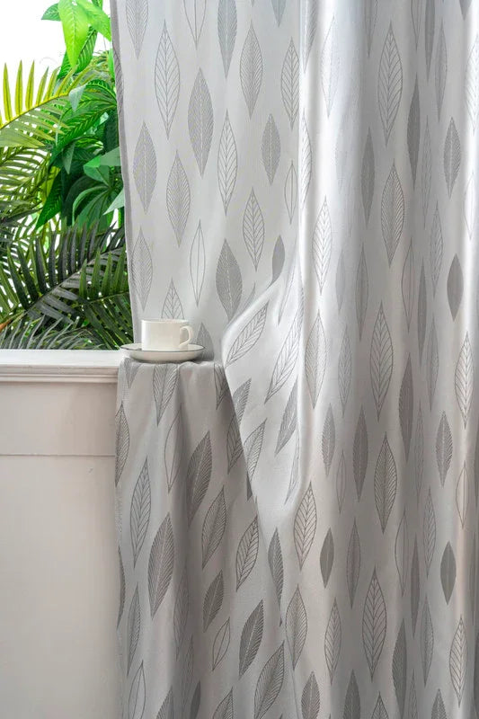 Cortina Jacquard com Folhagem Cinza 140x260cm-Individual - BOD HOME