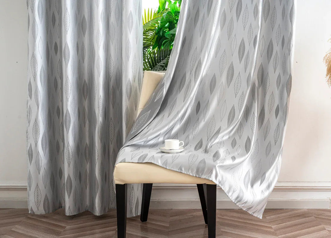 Cortina Jacquard com Folhagem Cinza 140x260cm-Individual - BOD HOME